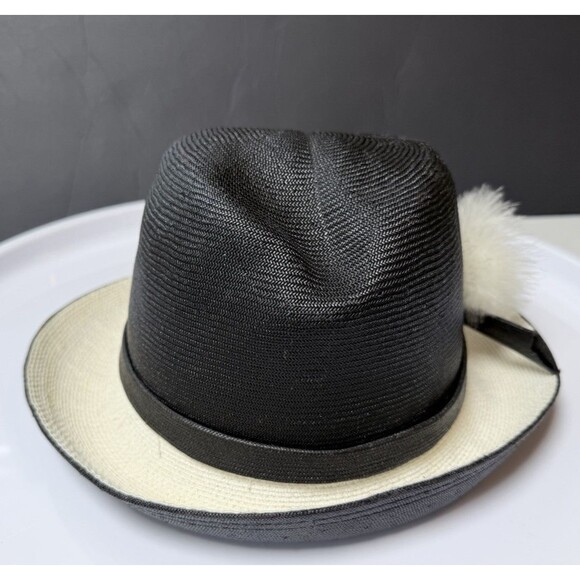 Vintage Mr John Classic Hat Black Ivory Straw Fedora delicate Pom Pom NY Paris main image 8